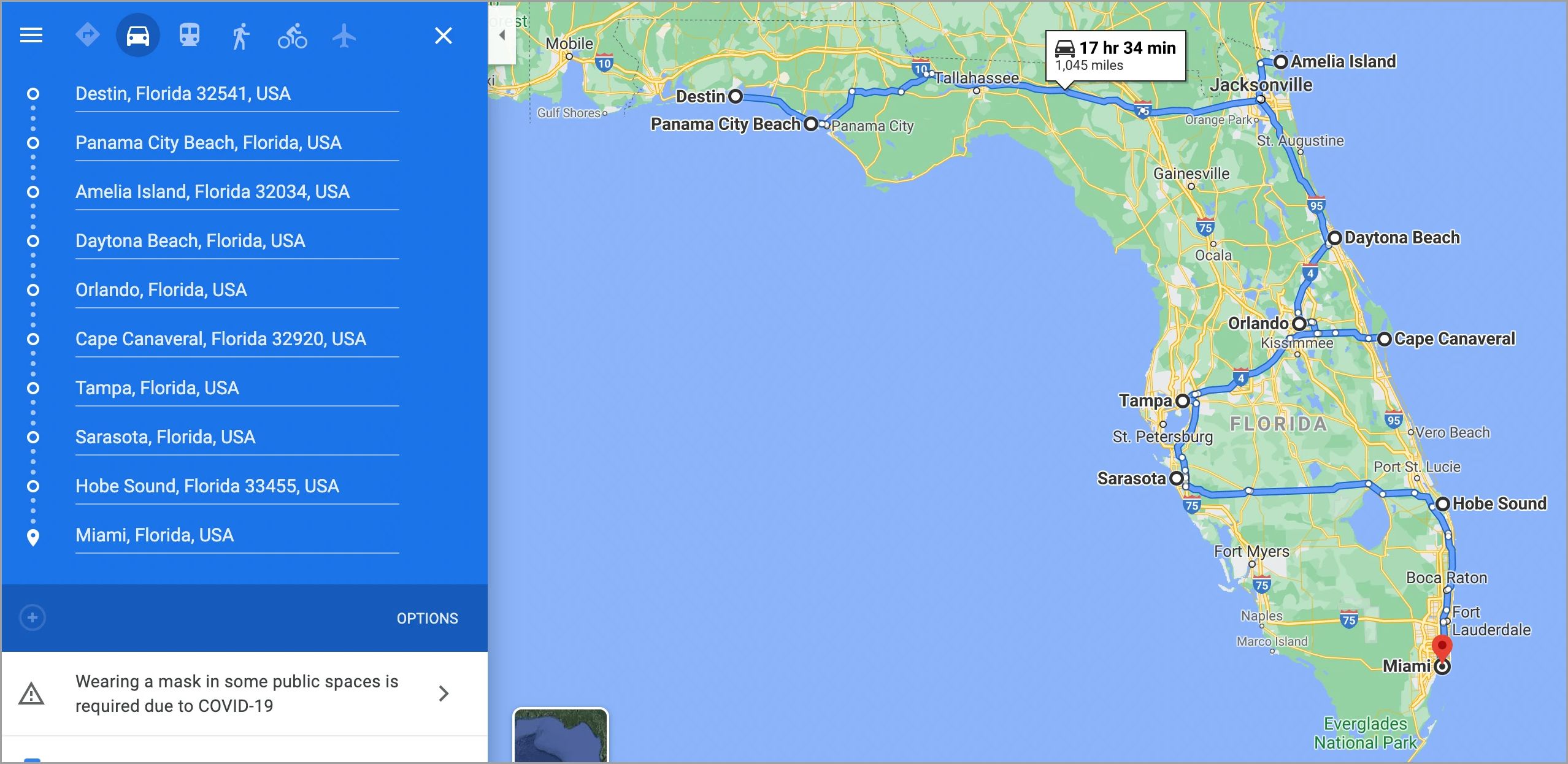 Distance between Destin and Tampa